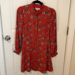 LOFT 4P dress orange teal flower full button ruffle detail